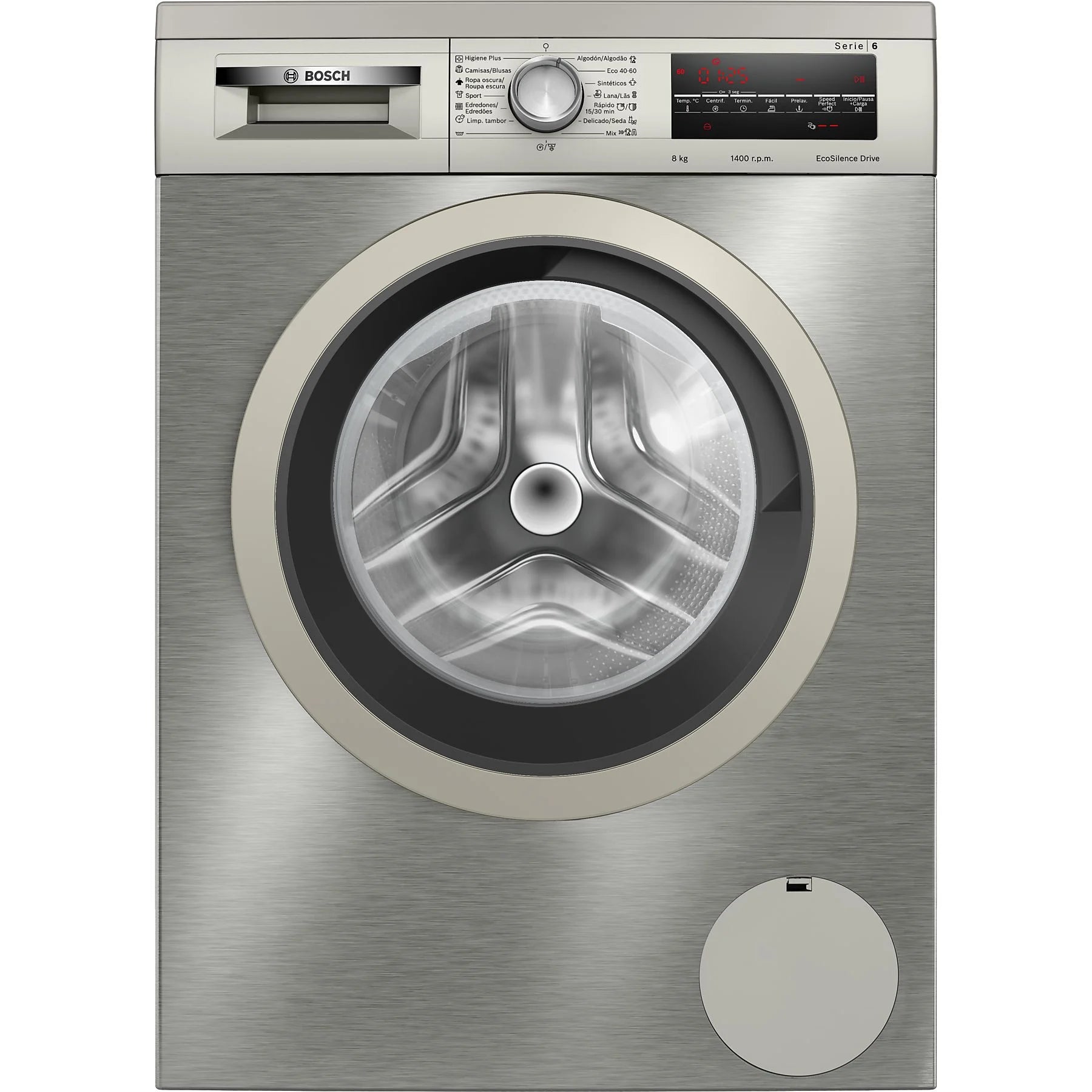 Bosch WUU28T8XES front-loading washing machine, 8 kg capacity, stainless steel design, featuring 15 wash programs.